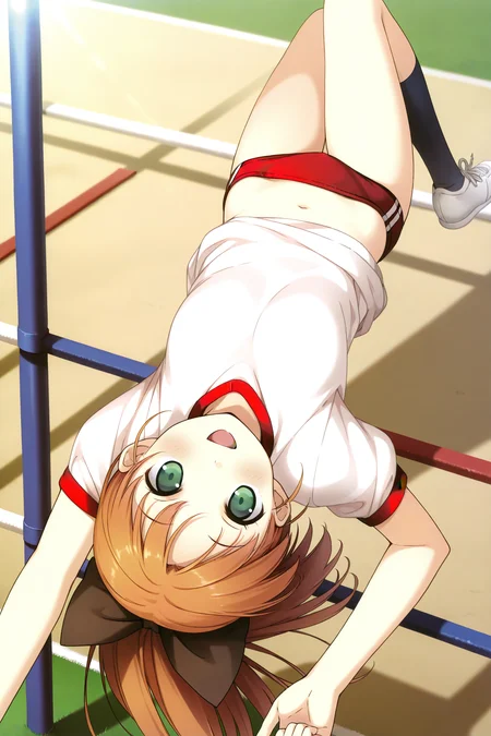 masterpiece, best quality, absurdres, official art, official style, rating general BREAK <lora:minagawayuuhi_IL_v1-1:0.7>, minagawa yuuhi, 1girl, solo, open mouth, green eyes, brown hair, orange hair, short hair, high ponytail, wide ponytail, hair bow, large bow, black bow, medium breasts, gym uniform, gym shirt, white shirt, puffy short sleeves, midriff, red buruma, kneehighs, black socks, sneakers, blush, :o, smile, shirt lift, upside-down, looking at viewer, collarbone, arm up, sunlight, pole, blurry, outdoors, day, sunset, pole vault, jumping, mid-air, athlete jumping, clearing bar, dynamic pose, sports action, floating hair, leaning back, bent over