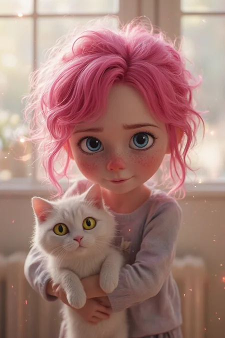A cinematic 3D render of a young girl with vivacious pink hair, tousled in a playful manner. Her large expressive blue eyes and freckles bring warmth to her face, radiating a sense of youthful innocence. The girl tenderly holds a white cat with striking yellow eyes, which appears surprised or startled. The background is an artistic blend of a blurred indoor setting, including a window that allows natural light to filter in, adding depth to the scene. There are magical or sparkly elements in the backdrop, enhancing the cinematic and whimsical atmosphere.