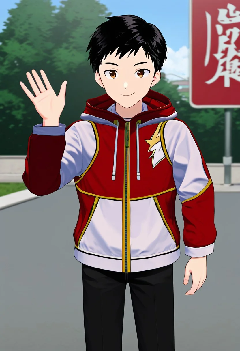 harmard, black hair, short hair, brown eyes, 1boy, solo, solo focus,red_white_jacket, black pants, outdoor setting, right hand waving gesture, handfixer