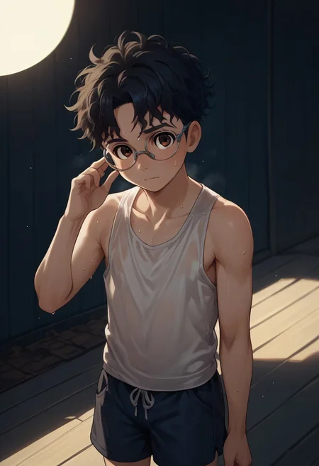 score_9, score_8_up, score_7_up, source_anime, highly detailed, young, 1boy, solo, cute boy, okarun, black hair, curly hair, brown eyes, glasses, tank top, shorts, sweaty, hot, sun, sweat,