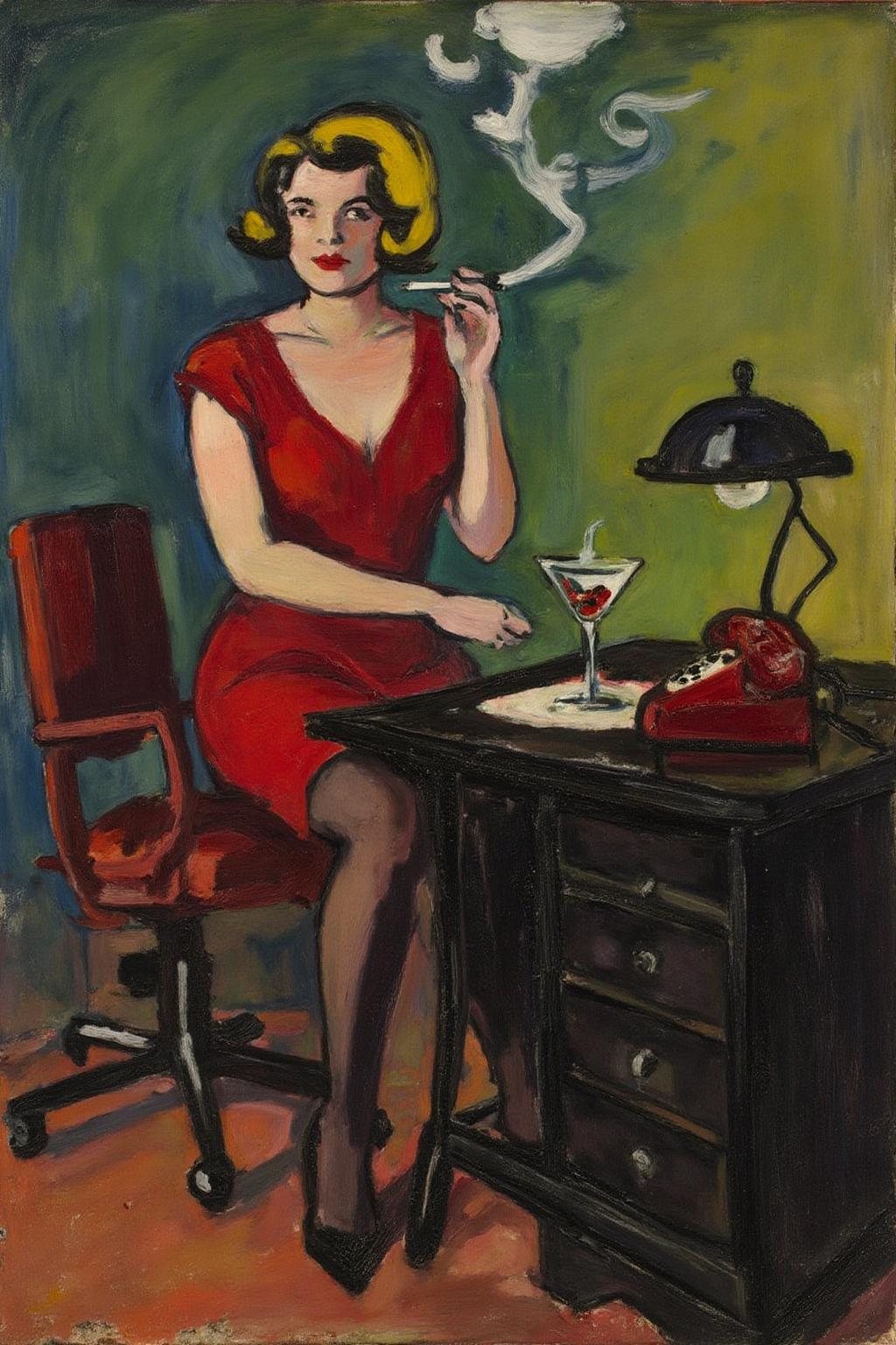 henrylymansayen1 painting.
A woman is sitting on a black desk. She is dressed in a red dress, stockings, and high-heeled shoes. She is holding a cigarette, with smoke rising above her. On the desk are a red rotary telephone, a desk lamp, and a martini glass.  <lora:henrylymansayen1_cap_d6a3:1.0><lora:861456687637202793:0>