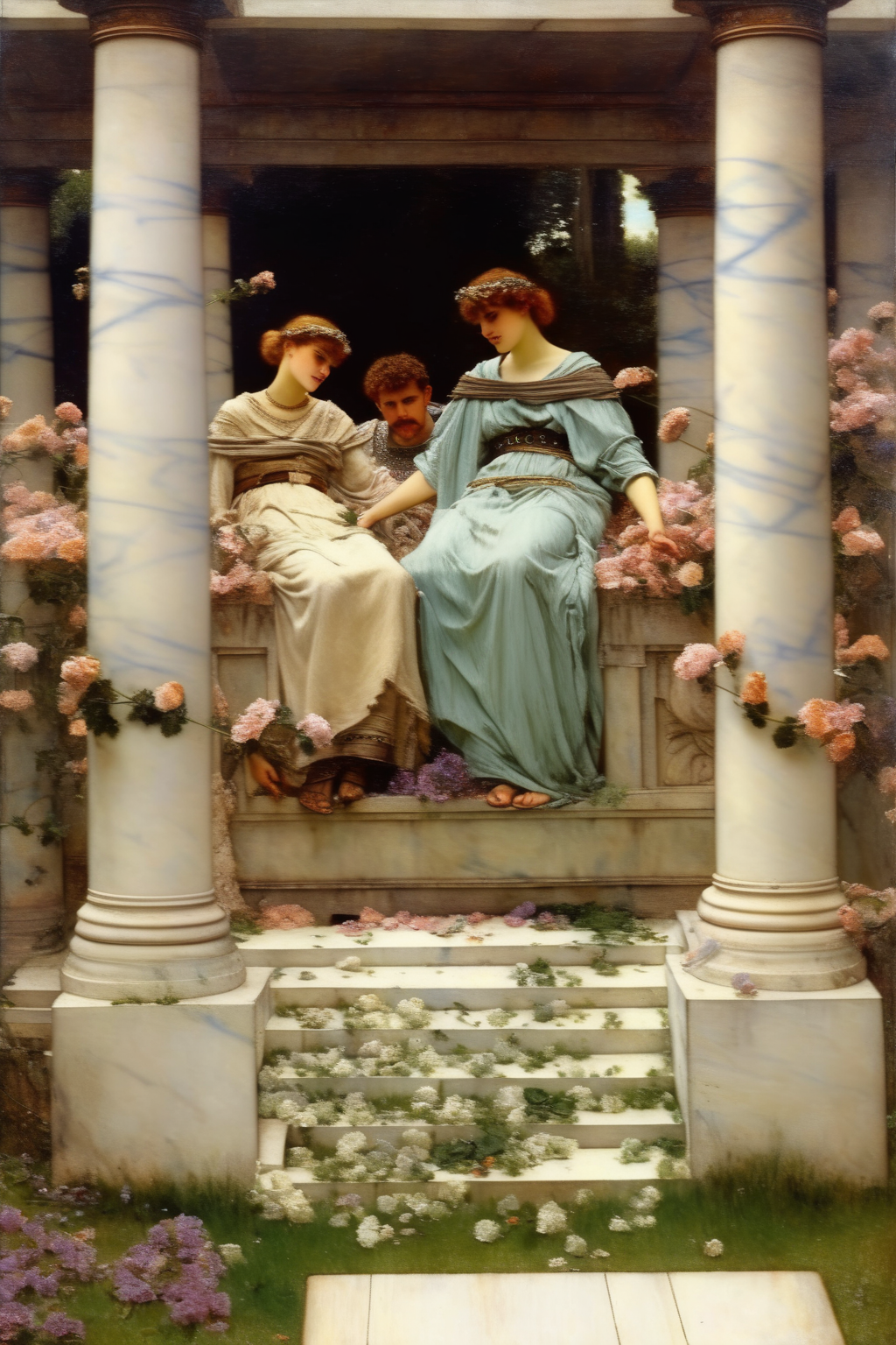 <lora:Lawrence Alma Tadema Style:1>Lawrence Alma Tadema Style - at Francis and st Claire in a garden alma tadema style