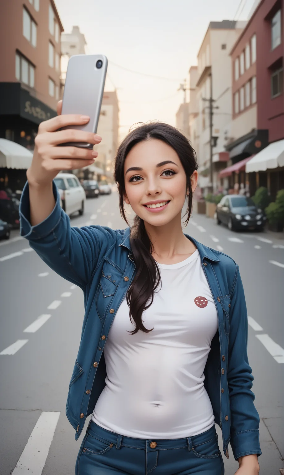 score_9, score_8_up, score_7_up, BREAK, TkSelf, (slim female) standing in street cafe and taking a selfie. The female wears purple hot-pants and top, long brunette ponytail <lora:TakeSelfiePony:1>
