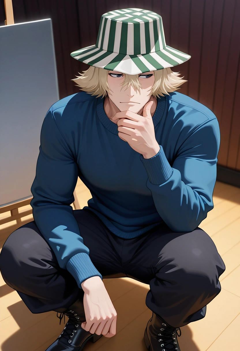 masterpiece, best quality, intricate details, (3d:0.4), , 1boy, solo, male focus, <lora:kisuke_urahara_ilxl:0.94>, kisuke_urahara, blonde hair, black eyes, short hair, hair between eyes, facial hair, stubble, hat, photography studio, large reflector, seated with one hand on chin, thoughtful expression, soft ambient light, Cuffed pants, DustyRose Houndstooth Tulle Crew neck sweater, Chelsea boots, ,