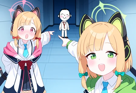 (masterpiece, high quality, amazing detail), highres, two_soyjaks_pointing_(meme), looking at viewer, blush, open mouth, 2girls, 1boy, standing, blue archive, 
BREAK
momoi \(blue archive\), pointing,
BREAK
sensei \(blue archive\), smile, 
BREAK
 midori (blue archive), pointing, :D, 
<lora:two_soyjaks_pointing_meme:1>