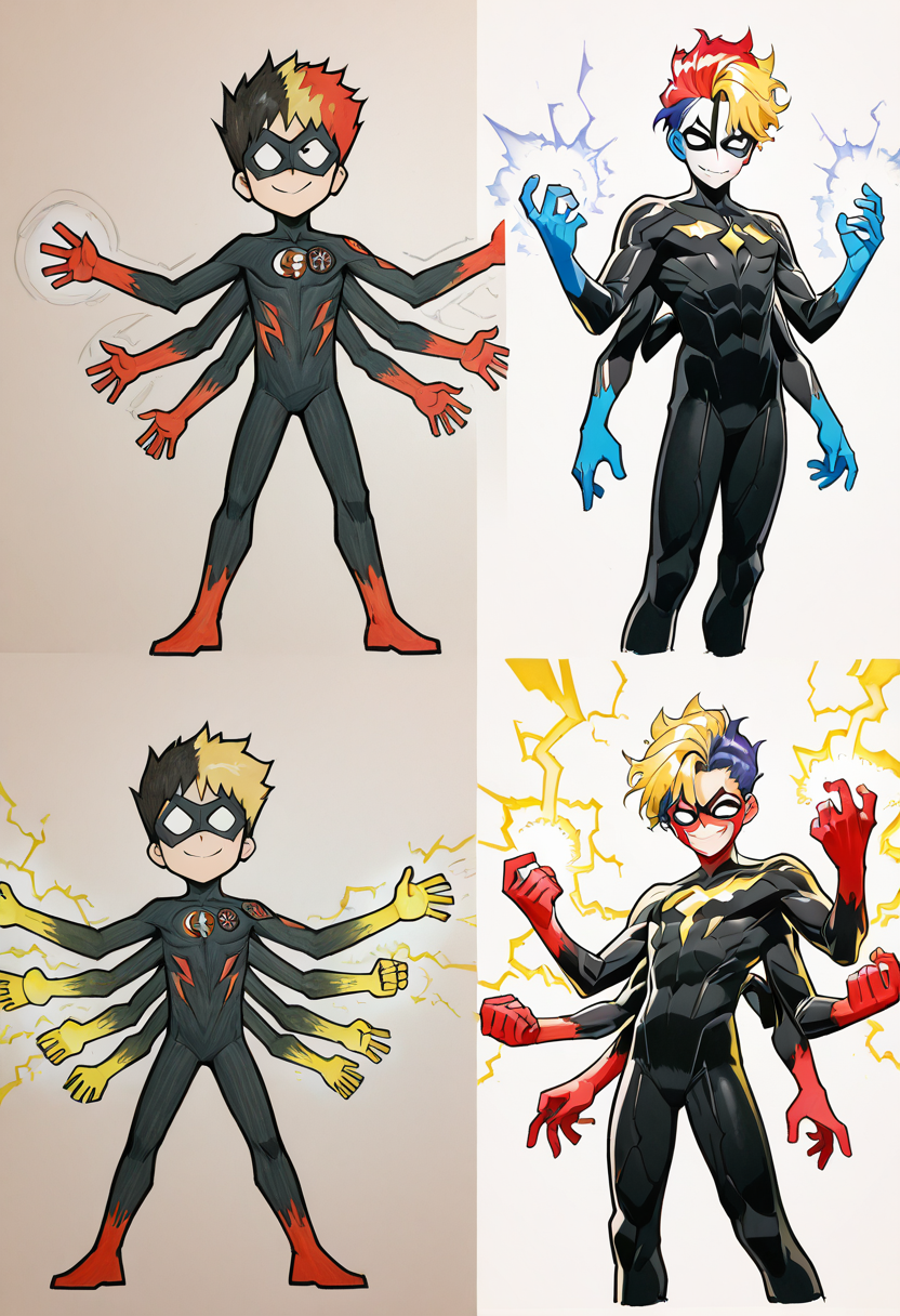 masterpiece, best quality,   blonde hair, red hair, multicolored hair, smile, 1boy, male focus, bodysuit, mask, black bodysuit, electricity, superhero, extra arms  ,<lora:Pr0VsN00b:1.0>,