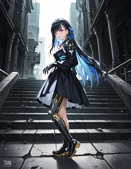 Volumetric Lighting, (masterpiece), (best quality), (ultra-detailed), masterpiece, source_anime, score_9, score_8_up, score_7_up BREAK, illustration, disheveled hair, detailed eyes, perfect composition, moist skin, intricate details BREAK, light depth, dramatic atmospheric lighting, Volumetric Lighting, Selena, long hair, black hair, colored inner hair, blue hair, purple eyes BREAK, Tempest,tmp_dress, tmp_hair_ribbon, tmp_mechanical_arms, (((tmp_mechanical_leg))), uneven legwear,tmp_boots tmp_earrings BREAK, outdoor, ruins, future , looking at viewer, dark, sci fi, cyberpunk, full body, stairs, smile,ruins, from above, (((dark theme))),hand on side, android, from side, standing