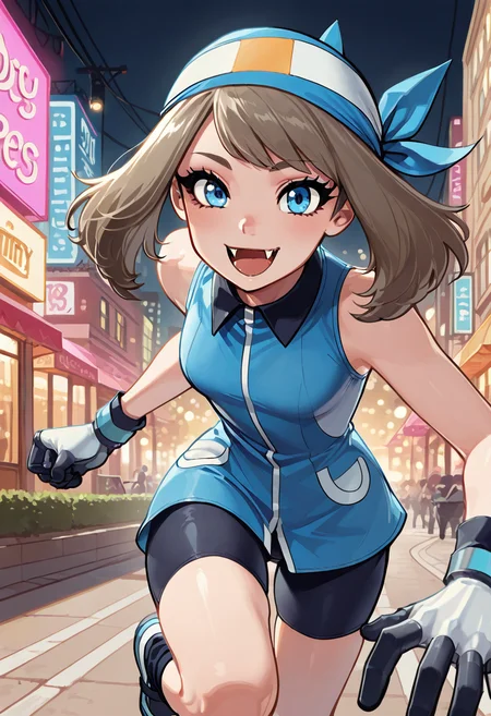 masterpiece, best quality, 1girl, eyelashes, (beautiful eyes), looking at viewer, smile, zzSapphire, gloves, fangs, bike shorts, black socks, blue bandana, solo, running pose, busy city street, blurred background â zzSapphire dashes through a busy city street, her fangs bared in excitement, the blur of the bustling crowd and city lights framing her energetic run as she zips past with unmatched speed. (dynamic pose, foreshortening), ,<lora:SapphireBirchPokemon_IXL:1.0>,