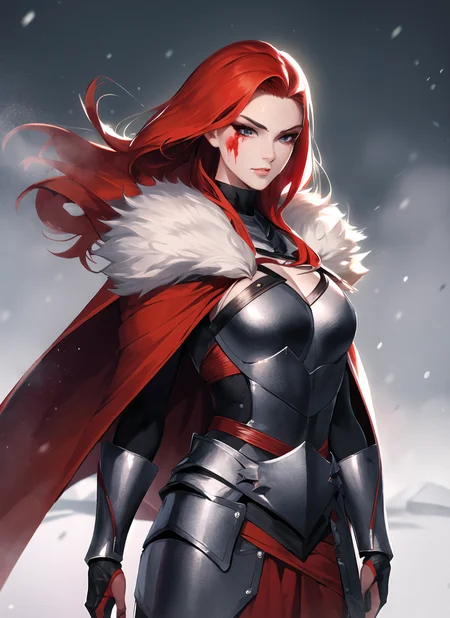 1girl, (warrior), winter clothes, (blood on face:0.7), Norse, cape, armor, red hair, long hair, eyeliner, smokey, wind, blizzard, looking at viewer (masterpiece, high quality:1)