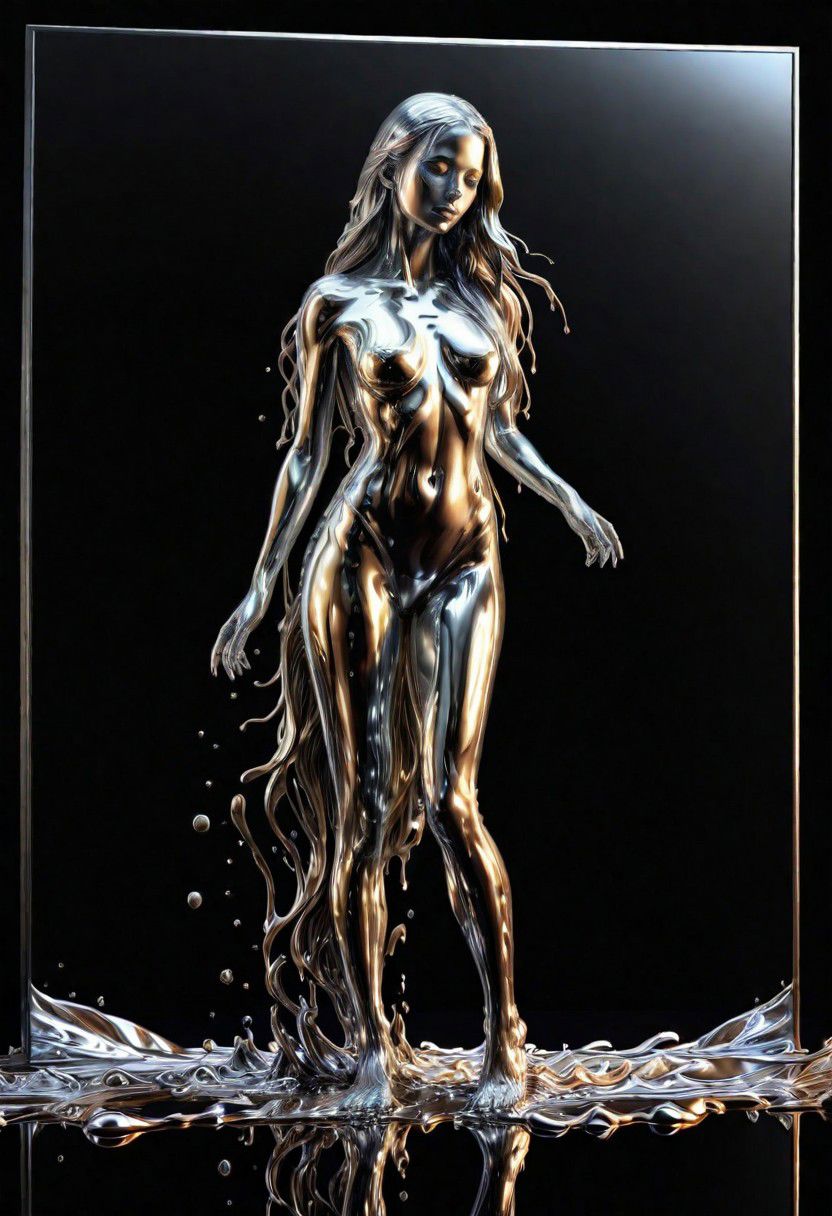 (masterpiece,best quality,ultra-detailed,best illustration:1.3), 1woman, melting, smooth shiny full length metal body, reflection mirror finish, shiny, smooth liquid metal long hair, simple black background