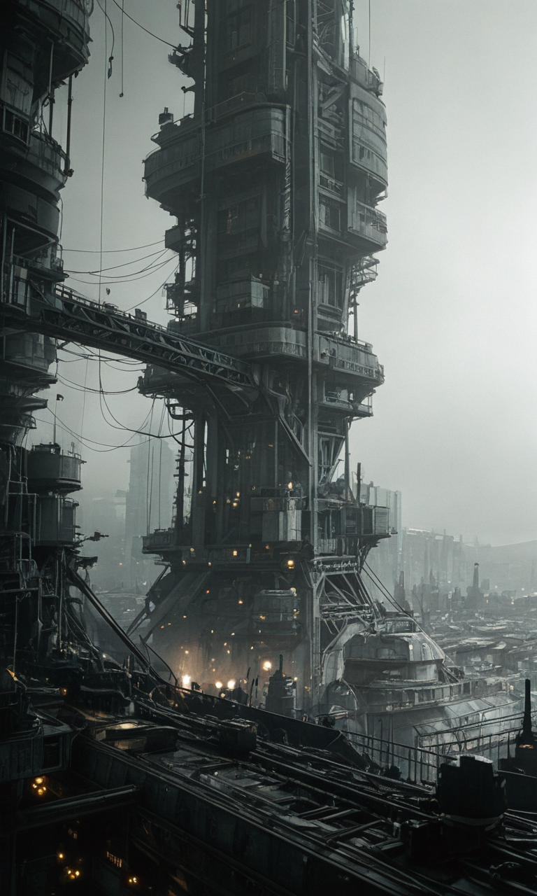A black-and-white photograph of a futuristic industrial cityscape at night featuring towering skyscrapers illuminated walkways and a foggy misty atmosphere. The perspective is from a low angle emphasizing the towering structures and creating a sense of depth and grandeur.<lora:- iLL - the_edgy_mech_V2.0-step000013500:.8>