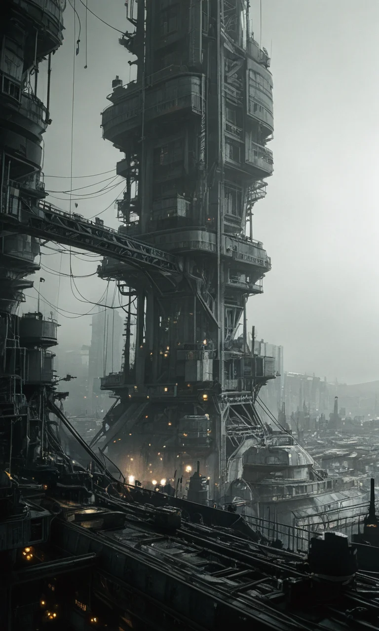 A black-and-white photograph of a futuristic industrial cityscape at night featuring towering skyscrapers illuminated walkways and a foggy misty atmosphere. The perspective is from a low angle emphasizing the towering structures and creating a sense of depth and grandeur.<lora:- iLL - the_edgy_mech_V2.0-step000013500:.8>