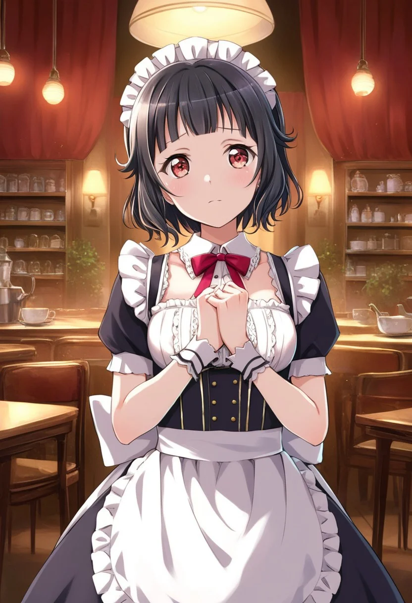 1girl, solo, bang dream!, ushigome rimi, black hair, brown eyes, short hair, bangs, maid dress, frills, maid headdress, (SuperQuality), red eyes, cafe background, breast view, incredibly absurdres ,medium breast, score_9,score_8_up,score_7_up,score_6_up,source_anime,