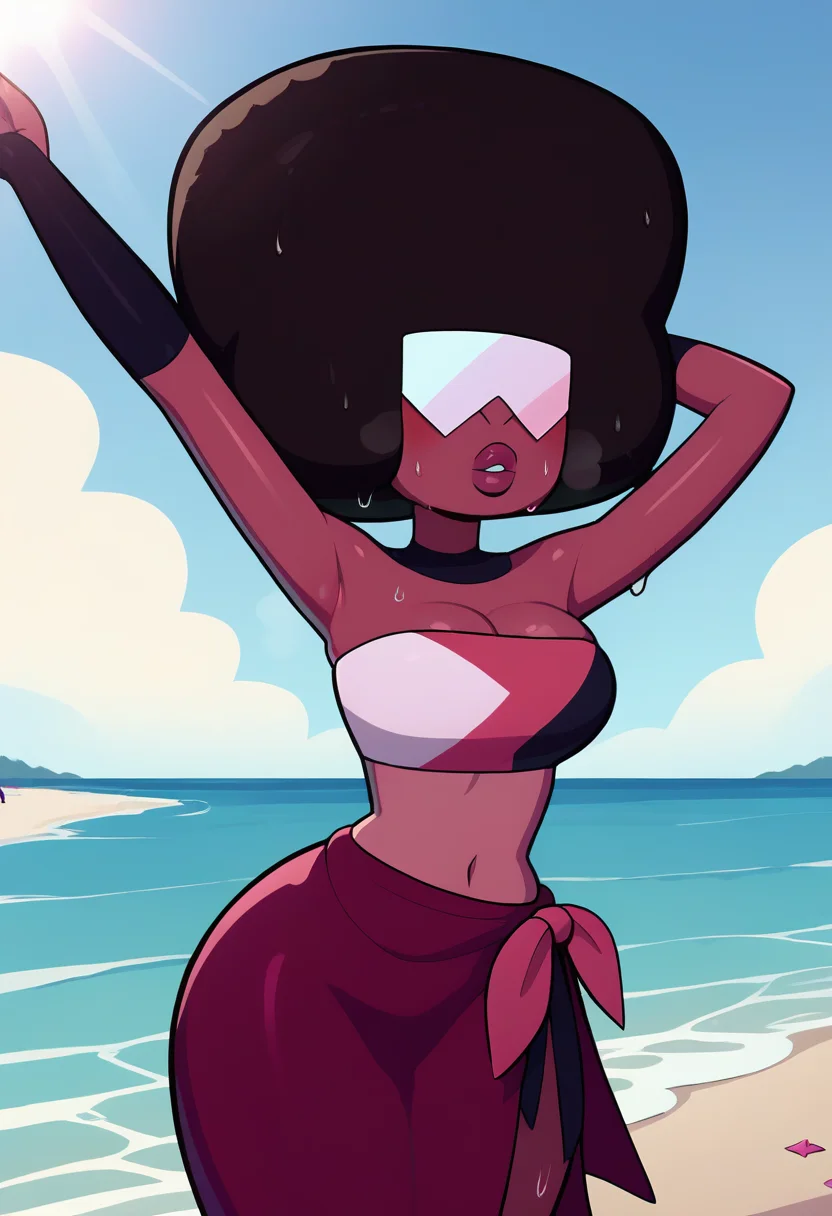 score_9, score_8_up, score_7_up,score_6_up, source_anime,beach, sea, sunlight, wet,
BREAK
g4rnet, 1girl,colored skin, tube top, bare shoulders, cleavage, glasses, afro, gloves, purple sarong, arms up, in heat, pursed lips, leaning to the side,wide hips,side-tie, <lora:garnet-08:0.8>