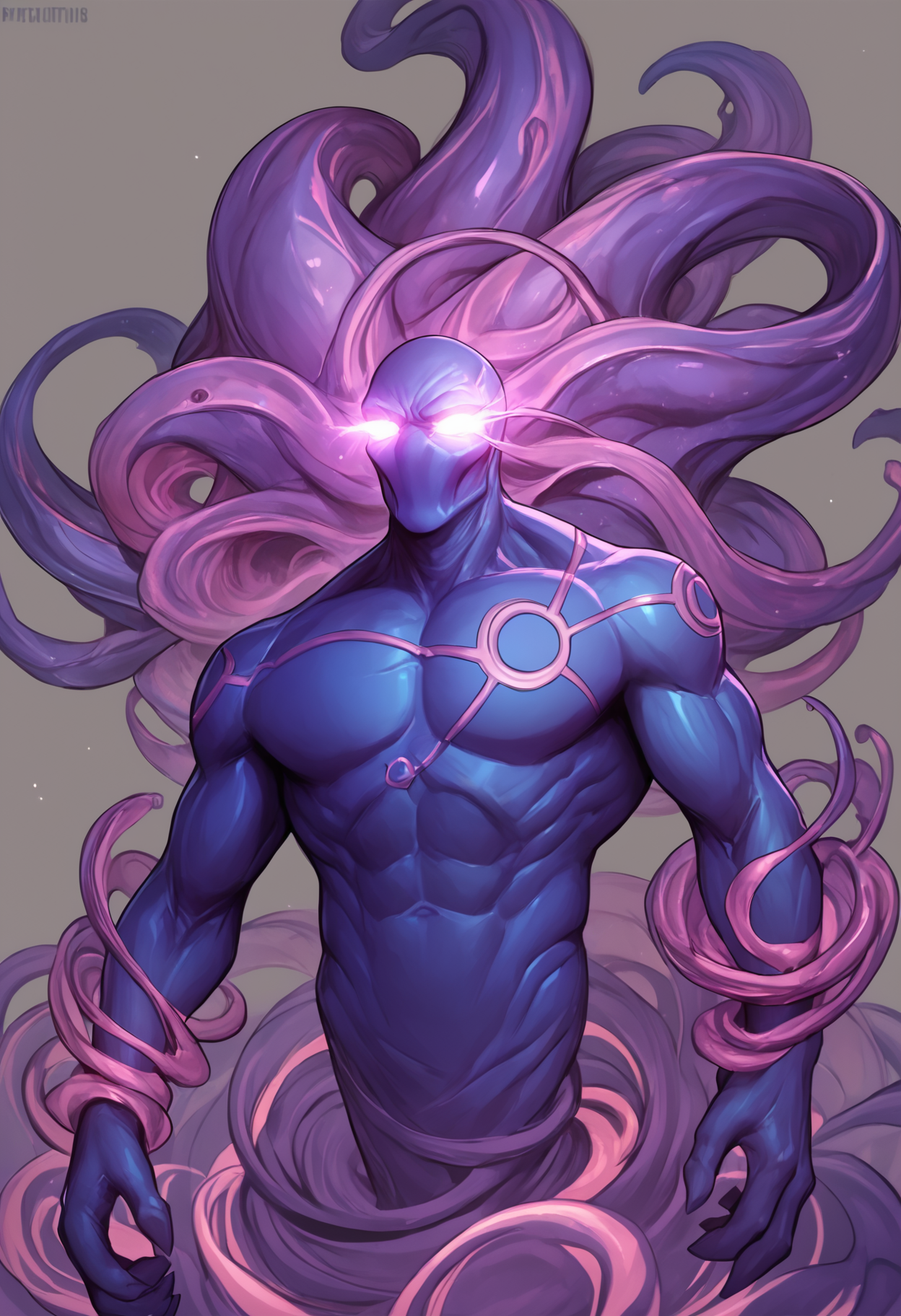 zPDXL3, score_9_up, score_8_up, score_7_up, detailed, (best quality:1.2), hi res, digital media \(artwork\) BREAK simple background, solo, portrait, close-up, 1boy, enigmadota, faceless, blue skin, glowing eyes, muscular, big pecs <lora:Enigma_DotA2_V1:1>
 <lora:detailed_notrigger:1>