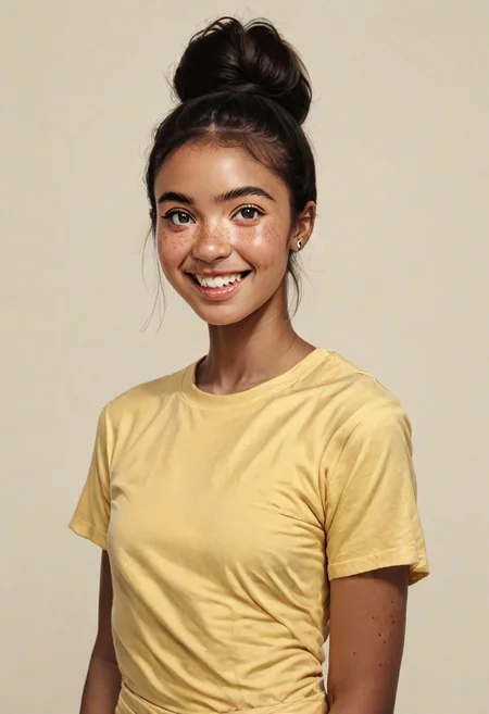 score_9, score_8_up
BREAK
1girl, (dark skin:0.4), prettyface, Manic Pixie, dark hair, hairbun, freckles, cute smile, yellow t-shirt, friendly, seductive, (girl next door:1.5), teeth visible
BREAK
FOV medium shot, simple background