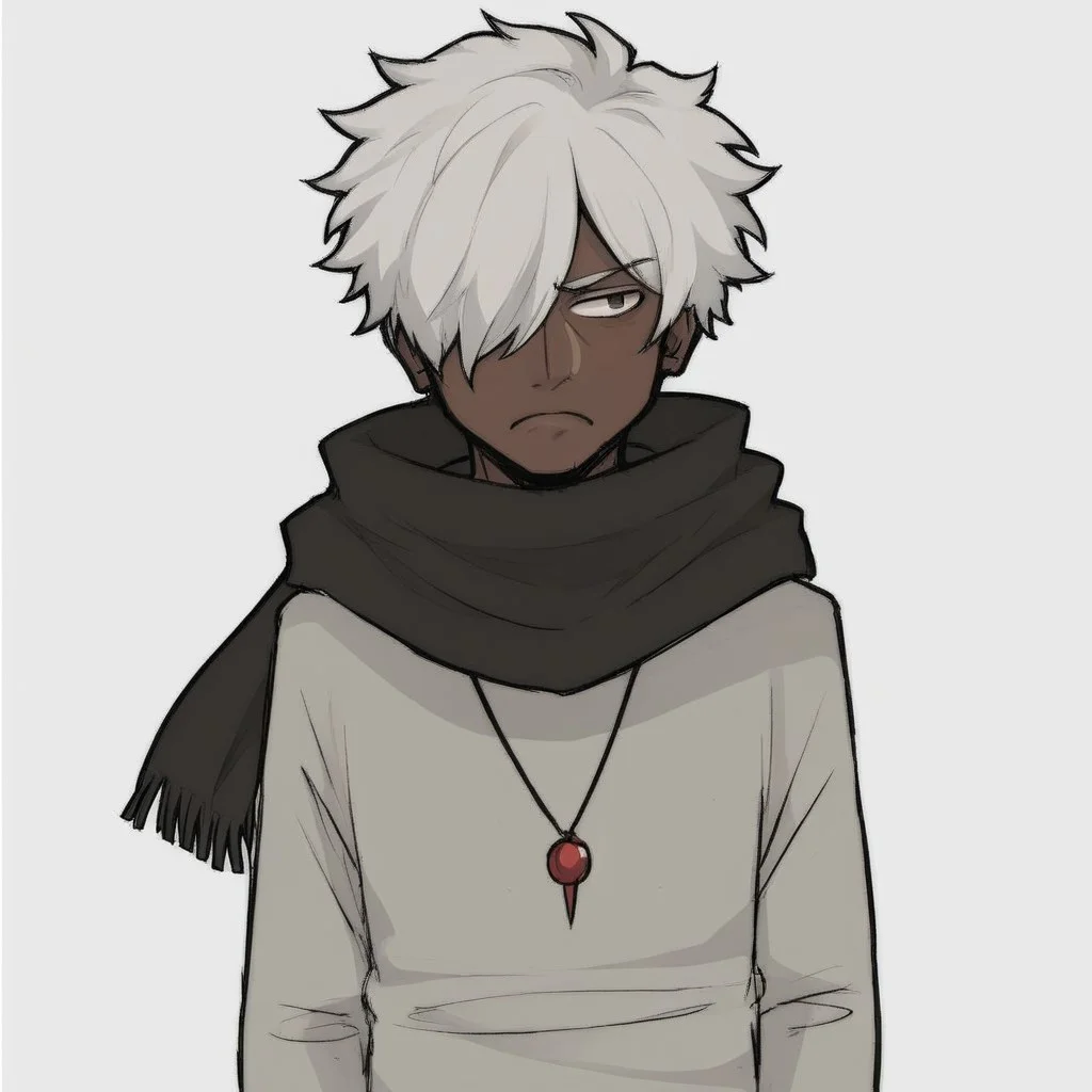 solo, simple background, 1boy, white background, jewelry, white hair, male focus, dark skin, necklace, bag, scarf, hair over one eye, dark-skinned male, frown,
,
easynegative
,
niko_style