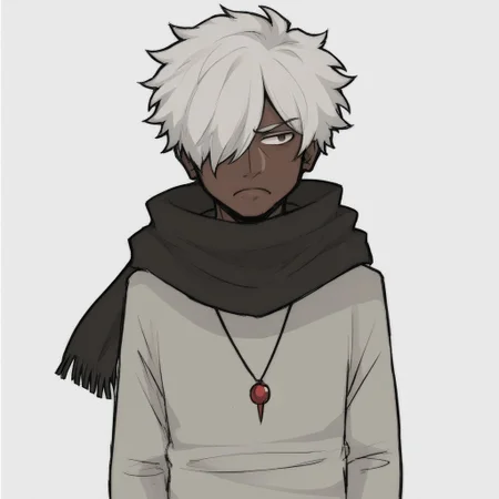 solo, simple background, 1boy, white background, jewelry, white hair, male focus, dark skin, necklace, bag, scarf, hair over one eye, dark-skinned male, frown,
,
easynegative
,
niko_style