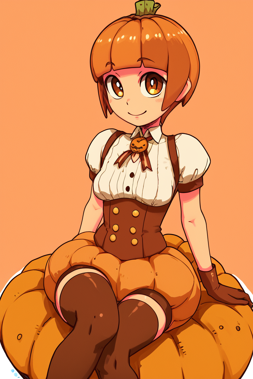 score_9, score_8_up, score_8, medium breasts, (curvy), cute, eyelashes,       BREAK, , ,,, zzPmpknGrl, brown eyes, short hair, brown hair, blunt bangs,  gloves, thighhighs, short sleeves, jack-o'-lantern, pumpkin, shirt, sitting, white shirt, <lora:PumpkinGirl_Masashi_PDXL:0.8>,   ,,, , BREAK, wide hips, smile, looking at viewer, cowboy shot, ,,, embedding:zPDXL, Expressiveh, ,,, <lora:SweetCAT_PDXL:1.0>, <lora:SDXLFaeTastic2400:0.5>, <lora:Expressive_H-000001:0.4>,