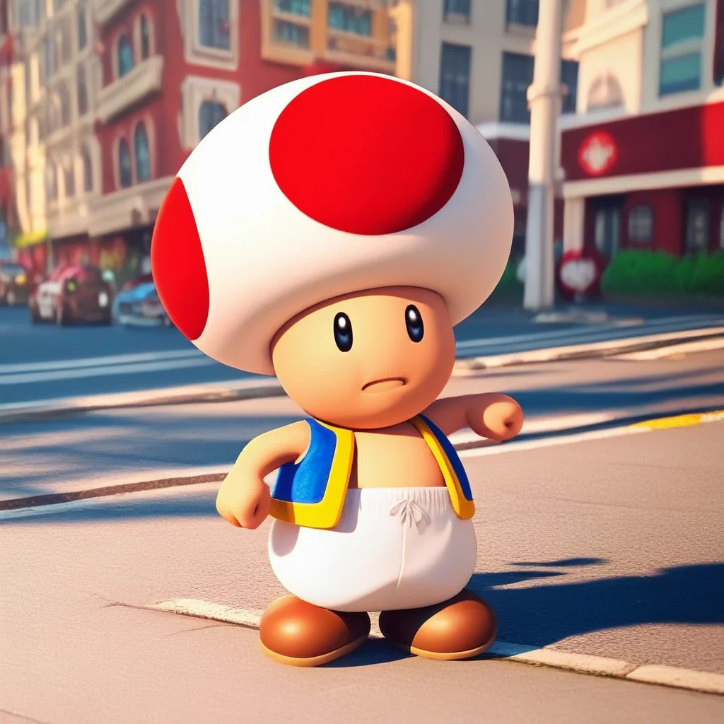 ToadCharacter, 1boy, solo, mushroomhat, black eyes, vest, white pants, brown shoes, standing, street, city
