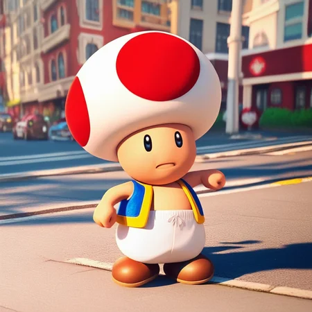 ToadCharacter, 1boy, solo, mushroomhat, black eyes, vest, white pants, brown shoes, standing, street, city