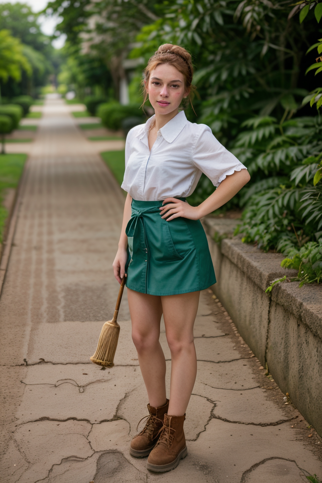 <lora:LCM_LoRA_Weights_SD15:1>,<lora:detail_slider_v4:1.3>,(inspired painter) 24year old adult woman, , Athletic body build, short ginger Hairs, double buns haircut, , native american, caramel  skin, wearing a beret, green  painter smock, bohemian skirt, comfortable sneakers, holding a paintbrush and a palette,paint tubes, set in garden, Pathway, winding path with stone steps, greenery on both sides, an easel set up at a scenic spot, sunlight casting shadows, the sound of a gentle breeze,(full body:1.3),(full shot:1.3),(wide shot:1.3),(full body portrait:1.3),from below:1.1,pet photography, adorable portrait, playful moment, expressive eyes, showcasing personality, professional lighting, expert composition, capturing joyful interaction, conveying emotion, creative composition, enhancing pet beauty, pet-friendly environment, storytelling through imagery,