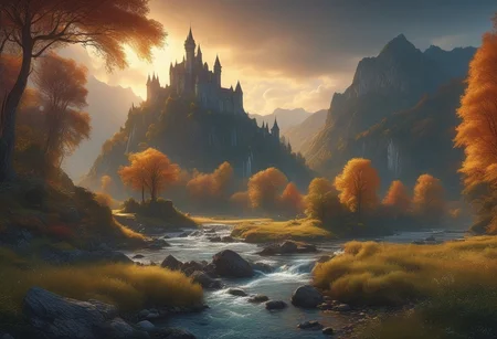 evening scene, closeup of a beautiful medieval castle, winding path leads to entrance, fast-flowing river, sun setting over tall mountains in the distance, cinematic illustration, low angle, foaming river rapids, dramatic lighting, god rays, autumn forest, vibrant, masterpiece, full view, realistic photo, breath taking, sharp lens, wallpaper, highly detailed, 8k, photo realistic