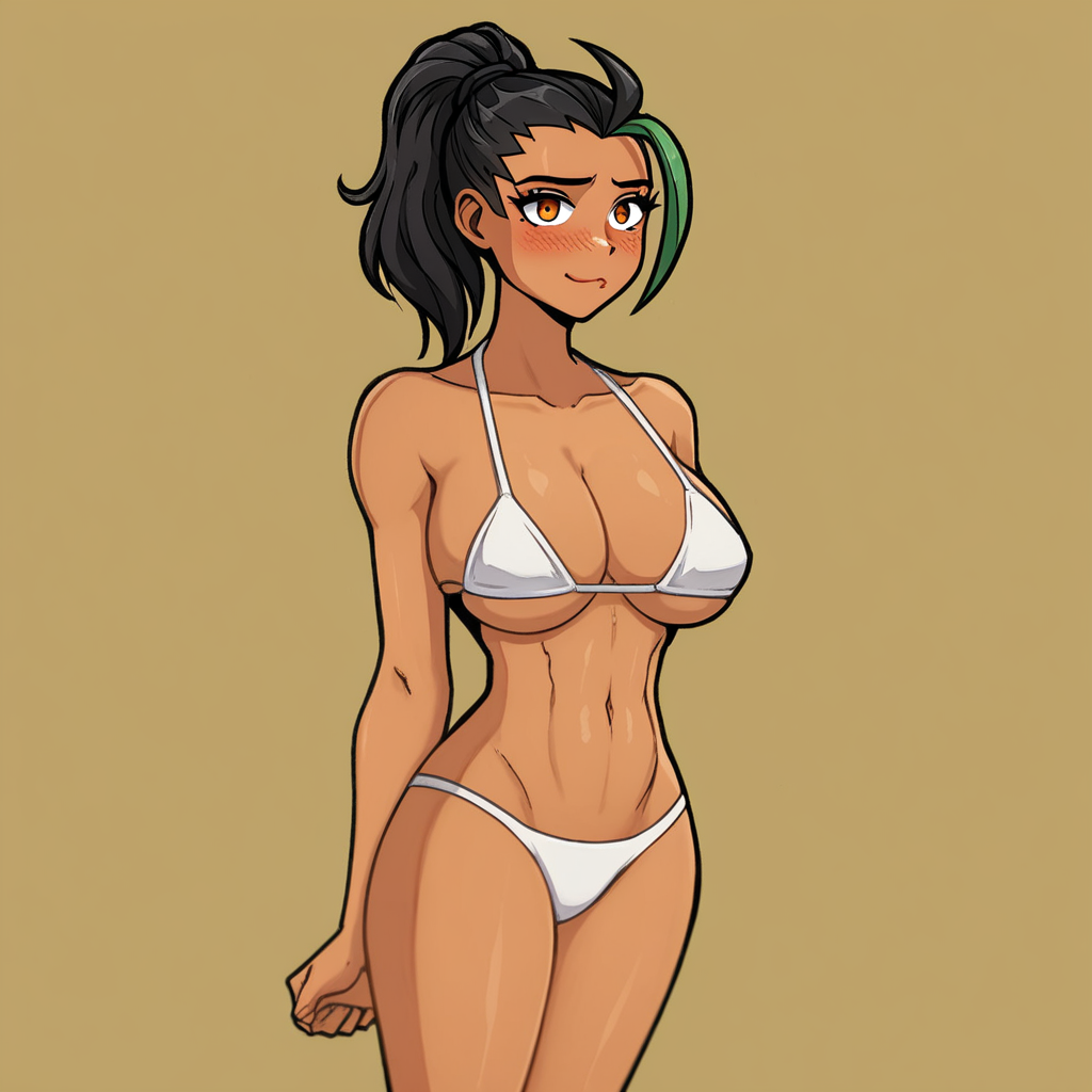 score_9, score_8_up, score_7_up, source_anime, expressive, anime, (4k4bur5tyl3:1.2), Artist speedlines, dynamic, 1girl, (nemona), streaked hair, ponytail, orange eyes, milf, aged up, curvy, fit, dark skin, (white bikini), large breasts, skinny, thick thighs, navel, standing, shy, blush, blushing, embarrassed, sensual, horny, longing, looking at viewer, source_hentai, simple background