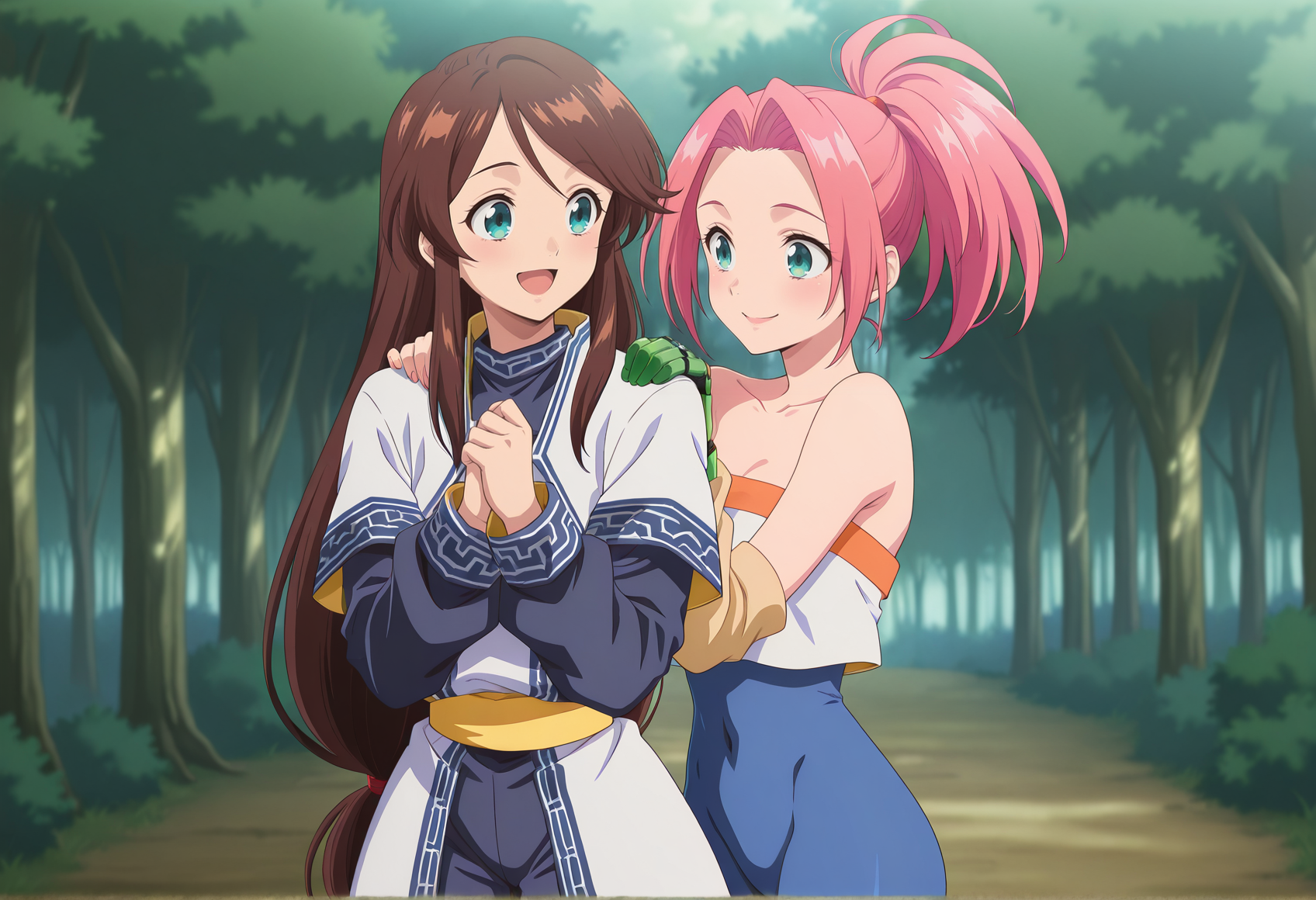 anime screencap, anime coloring, 2girls, outdoors, forest, 1girl, 1girl, long hair, low tied hair, brown hair, aqua eyes, ainu, ainu clothes, long sleeves, pants, yellow sash, hug from behind, smile, open mouth, looking at another, <lora:Maya_legaia_2:0.8>
BREAK
anime screencap, anime coloring, 2girls, outdoors, forest, 1girl,  1girl, long hair, pink hair, ponytail, green eyes, tube top, bodysuit under clothes, arm warmers, single mechanical arm, smile,  <lora:noa_legaia:0.8>, masterpiece, best quality, amazing quality, very aesthetic, absurdres, highres, newest