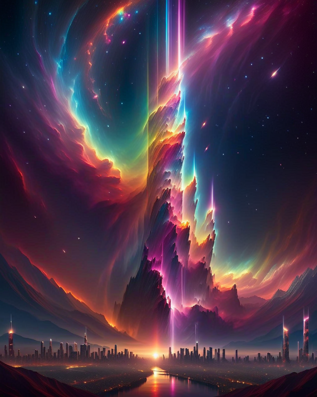 (Masterpiece, Best Quality, Highres:1.2), (photoreal cinematic of a city), background very distant on space a distant rainbow pillar nebula in diagonal, the night, dark, high fidelity, clarity, realistic, 4k, masterpiece