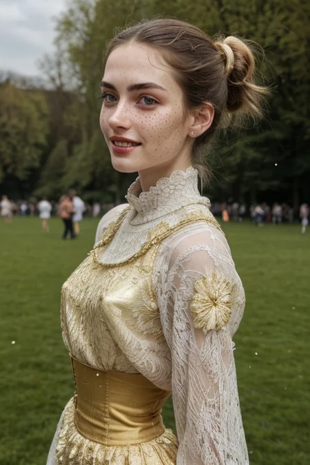 an extremely delicate and beautiful 18yo German girl, cute, beautiful, young, black hair caught in a bun, golden hair-net with pearls, lightly disheveled hair, strolling through the Englischer Garten in Munich, perky breasts, seductive smile, side view, head turned to looking at viewer, looking at viewer, happy, pigtails, freckles, (natural detailed skin texture:1.1), (moles, abs:0.7), playful, happy, head tilted sideways, perfect white teeth, (white teeth),soft, volumetric light, extremely detailed, intricate detailed victorian short dark green dress with golden flowers inlaids, transparent white lace blouse, with underbust corset laced with golden straps, deep cleavage, braless, downblouse, subsurface scattering, pokies, covered nipples, remarkable color, ultra realistic, textured skin, remarkable detailed pupils, realistic dull skin noise, visible skin detail, skin fuzz, dry skin, bokeh, sharp focus on subject, (extremely detailed face, beautiful eyes, detailed eyes, symmetric eyes, seductive eyes, slim face:1.3),