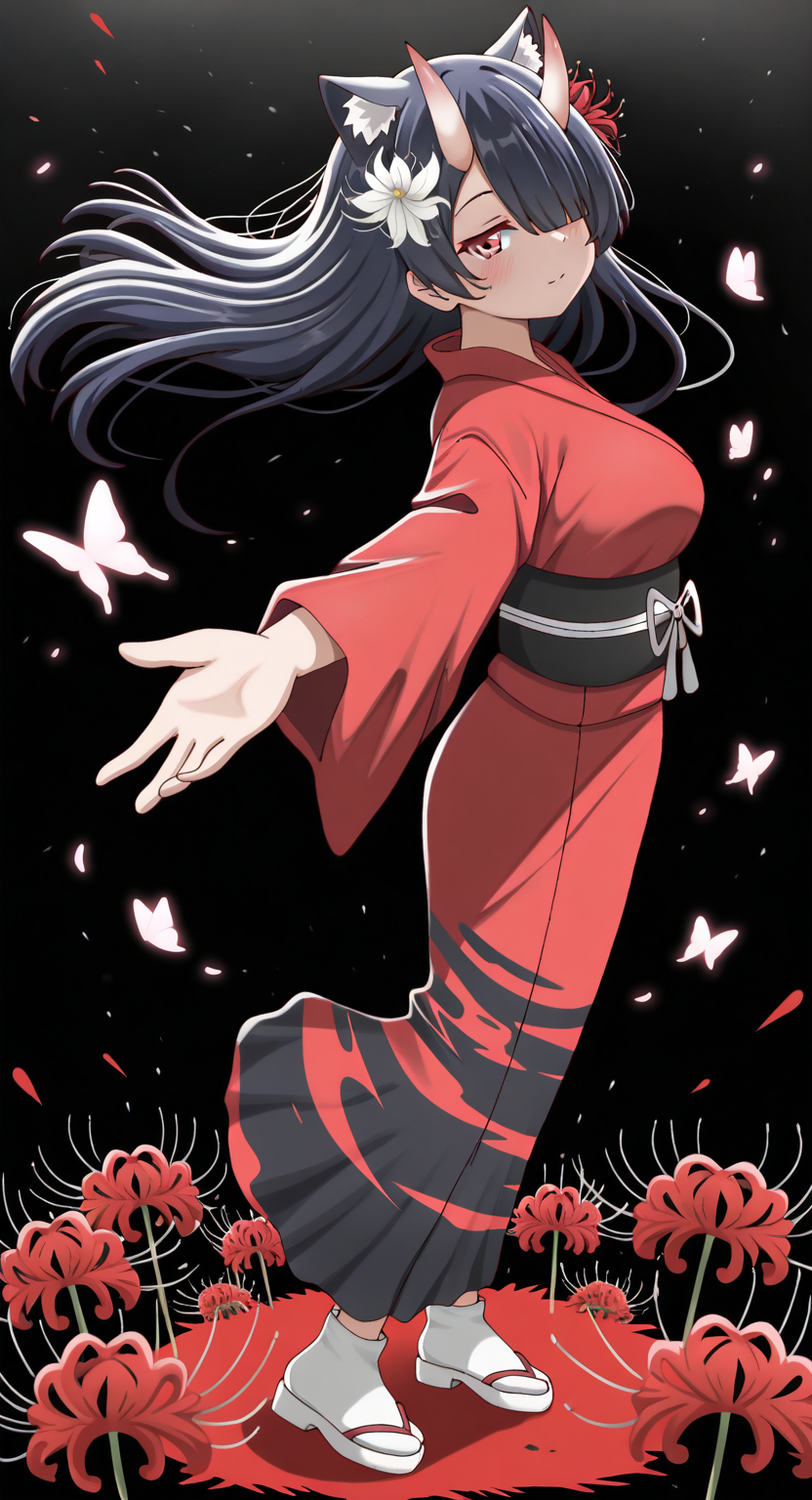 masterpiece, cute, lovely, newest, absurdres, (best quality:1.3), amazing quality, very aesthetic, 1girl, solo, high_resolution, hq, 4k, BREAK. high gradient eyes, very cute, light particles, cute details, cute colors, (Poa_Mellhen_Style), oni, oni horns, dark blue hair, straight hair, blunt bangs, pink eyes, slit pupils, (big breasts:0.6), naughty face, smug, BREAK, animal ears, portrait, cat ears, expressionless, floating hair, hair flower, japanese clothes, kimono, Butterfly, shoes, toeless footwear, yukata, looking at viewer, looking to the side, outstretched arms, outstretched hand, reaching, spread arms, flower, spider lily, solo, glitch, black background, from side, foreshortening, full body, closed mouth, digital dissolve, pixelated, one eye covered, reaching towards viewer, red flower, red kimono, white flower, white footwear, intricate details, vivid colors, smooth shading, dynamic lighting, professional illustration, soft gradients, balanced composition, elegant pose, high-resolution, sharp focus, 8k, hdr, crisp lines, perfect lighting, sharp eyes, detailed eyes, highly detailed