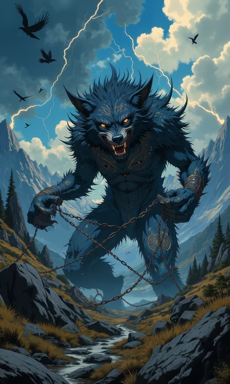 Hyperrealistic depiction of the legendary Fenrir wolf breaking free from his chains at the onset of Ragnarök. Colossal beast with matted fur, glowing amber eyes, and razor-sharp fangs. Shattered magical bindings, Gleipnir, float around him. Towering mountains and stormy skies in background. Yggdrasil world tree visible, shuddering. Odin's ravens circle ominously. Lightning strikes, illuminating scene. Ethereal aurora borealis despite daytime. Intricate Nordic runes glowing on Fenrir's fur. Scale emphasizes Fenrir's immense size. Masterpiece, 8K resolution, dynamic lighting, photorealistic details. <lora:NeonFantasyPrimeFLUX-000049:0.6> <lora:Comic book opus 3:0.4> <lora:flux_dev:1>