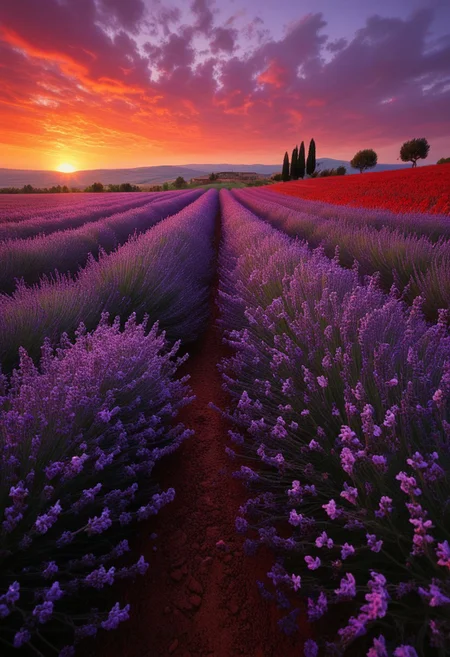 Fantasy. Art. Flower field. Tuscany. Red earth. Rows of flowers. Purple lavender. Summer. Red sunset, vibrant color. view from below. simple background.
perfection style, midjourneyv6.1, outdoors, nature, petals,