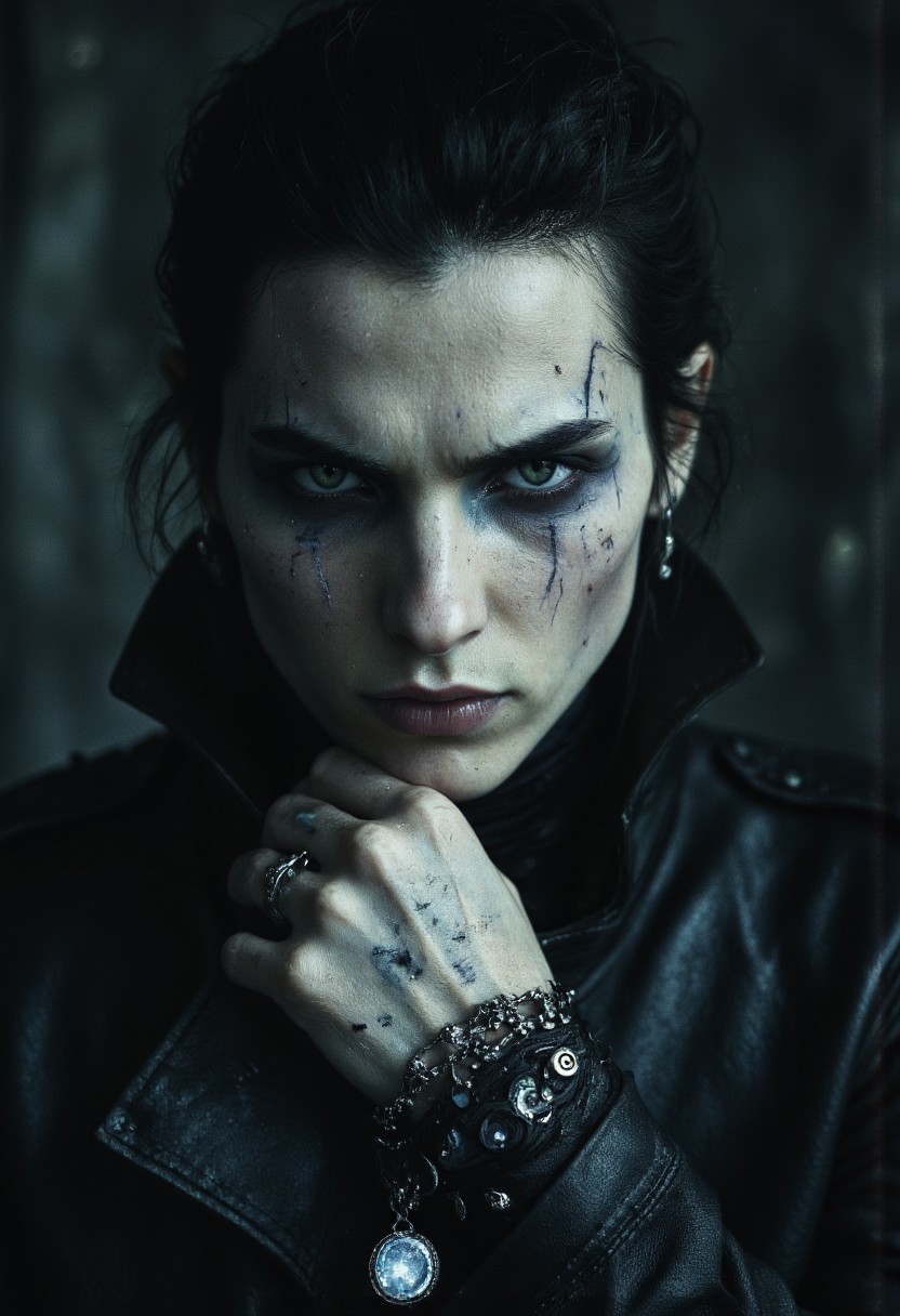 A modern vampire, a perfect blend of ancient darkness and contemporary menace. His face is sharp, with high cheekbones and a jawline chiseled from frost-kissed alabaster, his skin a smooth, almost porcelain hue, faintly glowing in the dim light. Dark veins pulse beneath his skin, shifting from violet to deep crimson, like an electric current running just beneath the surface. His eyes are deep pools of midnight-black, faintly lit with an otherworldly glow — the remnants of an ancient curse, now a quiet, dangerous power. In their depths, flickers of long-lost runes dance like dying stars, secrets too ancient to be fully understood.
His hair is dark as raven feathers, slicked back with modern precision, though streaks of silver hint at something older, something immortal. He wears a tailored black leather jacket, sleek and sharp, adorned with faint symbols of ancient bloodlines and forgotten wars. Around his neck, a chain of blackened silver holds a pendant — a shard of an antique mirror, now shaped into a sleek, modern amulet that catches the light in strange ways.
In his hand, he wields a sleek, obsidian-bladed sword, its edge reflecting light like liquid shadow, humming with the power of centuries.