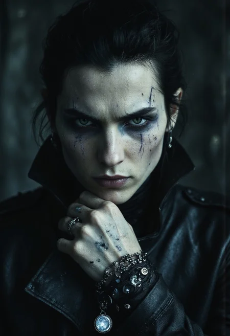 A modern vampire, a perfect blend of ancient darkness and contemporary menace. His face is sharp, with high cheekbones and a jawline chiseled from frost-kissed alabaster, his skin a smooth, almost porcelain hue, faintly glowing in the dim light. Dark veins pulse beneath his skin, shifting from violet to deep crimson, like an electric current running just beneath the surface. His eyes are deep pools of midnight-black, faintly lit with an otherworldly glow — the remnants of an ancient curse, now a quiet, dangerous power. In their depths, flickers of long-lost runes dance like dying stars, secrets too ancient to be fully understood.
His hair is dark as raven feathers, slicked back with modern precision, though streaks of silver hint at something older, something immortal. He wears a tailored black leather jacket, sleek and sharp, adorned with faint symbols of ancient bloodlines and forgotten wars. Around his neck, a chain of blackened silver holds a pendant — a shard of an antique mirror, now shaped into a sleek, modern amulet that catches the light in strange ways.
In his hand, he wields a sleek, obsidian-bladed sword, its edge reflecting light like liquid shadow, humming with the power of centuries.