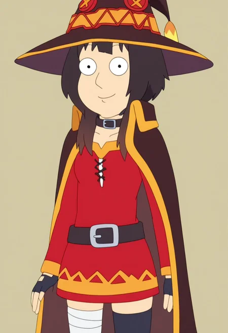 (((familyguy))), 1girl, solo, megumin, short hair, black hair, black eyes, short hair with long locks, thighhighs, gloves, hat, dress, black gloves, belt, black thighhighs, fingerless gloves, cape, collar, witch hat, bandages, red dress, single thighhigh, asymmetrical legwear, bandaged leg, simple background, smiling, (((round eyes))), round pupils, even eyes, looking at viewer, (((facing left))), (((small pupils)))