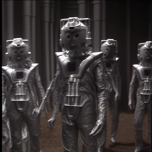 A Cyberleader clinching it's fist leading a group of Cybermen