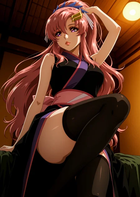 general, masterpiece, best quality, amazing quality, very aesthetic, absurdres, newest,eyesHD, high gradient eyes, detailed eyes, high definition eyes, lacus_c, 1girl, anime coloring, retro artstyle, solo, long hair, pink hair, high ponytail, hair ornament, hair ribbon, hair between eyes, purple eyes, lips, lipstick, black sleeveless kimono, sash, black thighhighs, medium breasts