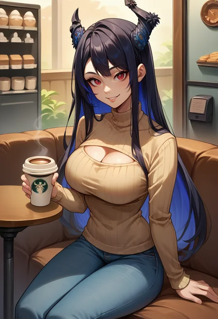 score_9, score_8_up, score_7_up, source_anime, 1girl, solo, NerissaRavencroft, colored inner hair, black hair, blue hair, red eyes, slit pupils, uneven horns, long hair, sweater,cleavage cutout, sitting, coffee shop, jeans, smile, <lora:ChamNerissaRavencroftPonyXL:1>