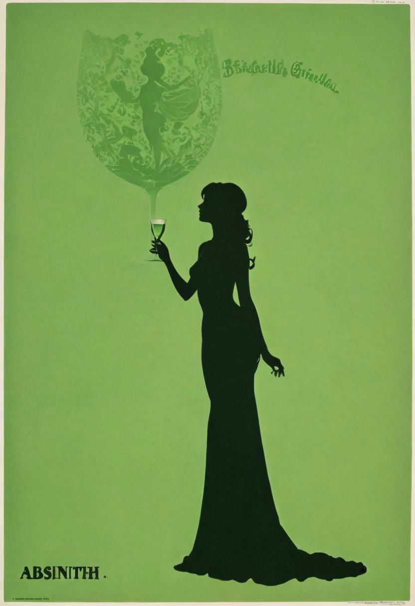 Art nouveau Absinth Advertisement, Czech fairy tale films, Old movie Style, 1970 czech, Three Wishes for Cinderella (1973), sideview, Silhouette, Text="Absinth", 
Vintage Burlesque Showgirl Sitting in huge luminous Green champagne glass,
, very Detailed, awesome Quality, reflecting, luminescent, translucent, Ethereal, Aura, Natural busty woman with freckles, smiling, without make-up, underboob, puffy nipples, giga_busty, 80s DARK dystopian Blade Runner Flair, dynamic Scene, very detailed, uhd, masterpiece, White smoke, light beams through smoke,
