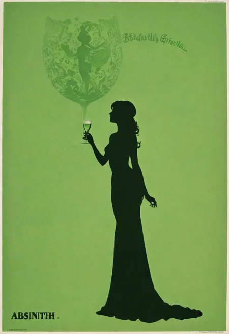 Art nouveau Absinth Advertisement, Czech fairy tale films, Old movie Style, 1970 czech, Three Wishes for Cinderella (1973), sideview, Silhouette, Text="Absinth",
Vintage Burlesque Showgirl Sitting in huge luminous Green champagne glass,
, very Detailed, awesome Quality, reflecting, luminescent, translucent, Ethereal, Aura, Natural busty woman with freckles, smiling, without make-up, underboob, puffy nipples, giga_busty, 80s DARK dystopian Blade Runner Flair, dynamic Scene, very detailed, uhd, masterpiece, White smoke, light beams through smoke,