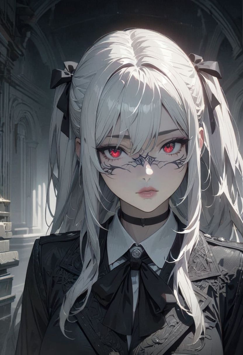 1woman, solo,  long hair, pink hair, black choker, green eyes, eyeliner, gorgeous lips, cinematic, gorgeous lips, (masterpiece), (best quality), (ultra-detailed), very aesthetic, illustration, perfect composition, intricate details, absurdres, detailed face, (anime, masterpiece, intricate:1.3), (best quality, hires textures, high detail:1.2), (4k),(incredibly detailed:1.4) 
greyscale, black schoolgirl uniform with red, white hair pigtails with bows, red eyes, dark erie room, ambient lighting