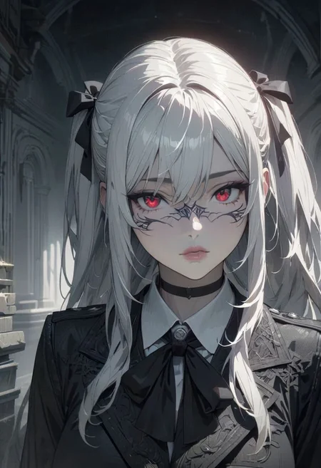 1woman, solo,  long hair, pink hair, black choker, green eyes, eyeliner, gorgeous lips, cinematic, gorgeous lips, (masterpiece), (best quality), (ultra-detailed), very aesthetic, illustration, perfect composition, intricate details, absurdres, detailed face, (anime, masterpiece, intricate:1.3), (best quality, hires textures, high detail:1.2), (4k),(incredibly detailed:1.4) 
greyscale, black schoolgirl uniform with red, white hair pigtails with bows, red eyes, dark erie room, ambient lighting