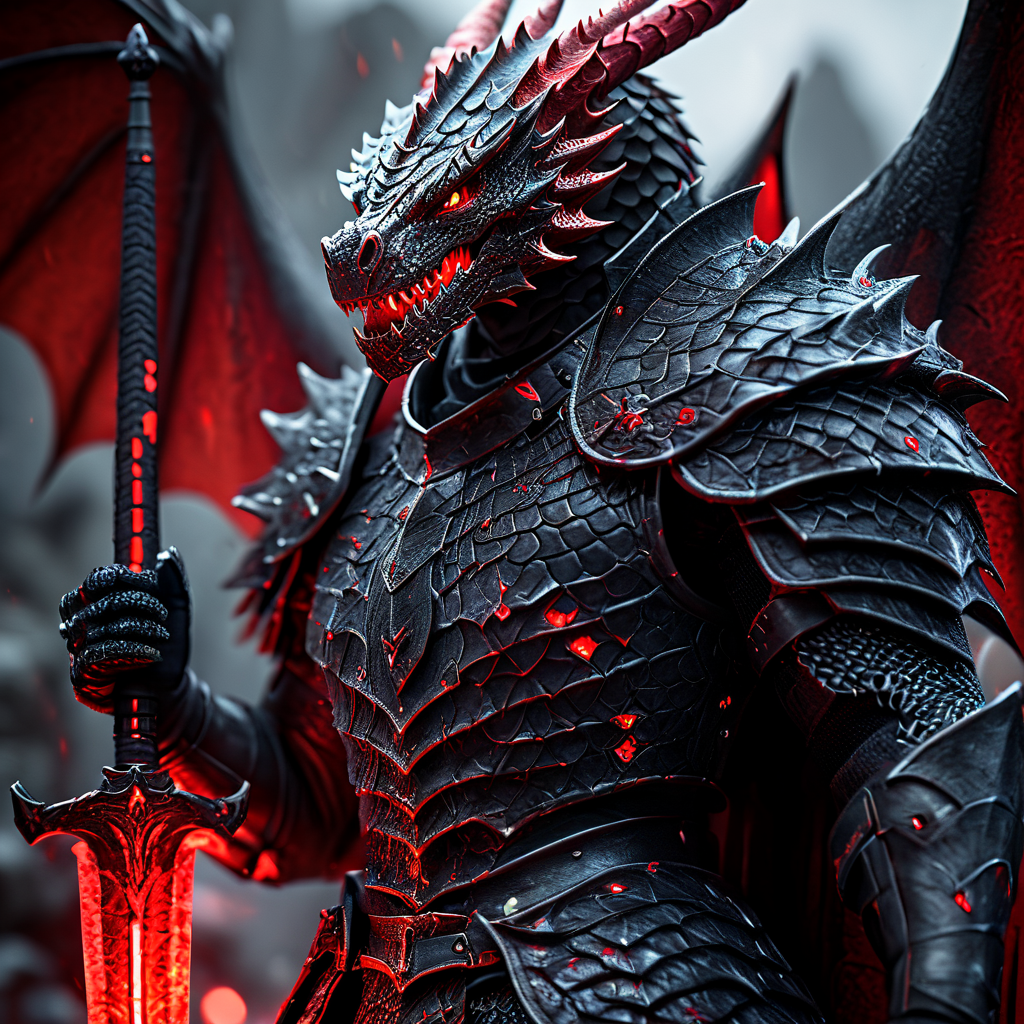 Close up shot of a Dragon warrior, scales as skin, holding red glowing sword infront of him, standing up, wearing dark armor, hell in background, HKStyle, HD, masterpiece, best quality, hyper detailed, ultra detailed, super realistic