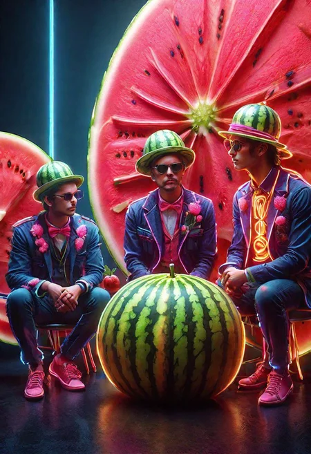 Documentary photograph, magical fantasy watermelon punk pop trio band, cinematic light, high detail, beautiful, surreal, dramatic, warm colors<lora:Dreamyvibes artstyle SDXL - trigger with Dreamyvibes artstyle:1> Dreamyvibes Artstyle