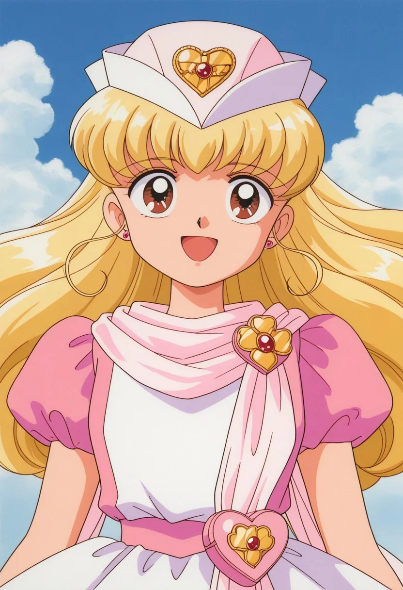 masterpiece, best quality, source_anime,official art,perfect_anatomy,1990s_\(style\),retro_artstyle,nurse angel,1girl,brown eyes,blonde hair,long hair,hat,earrings,jewelry,magical girl,dress,puffy short sleeves,(beautiful detailed face,looking_at_viewer,smile,open mouth),portrait,close to viewer,day,blue_sky,cloud,