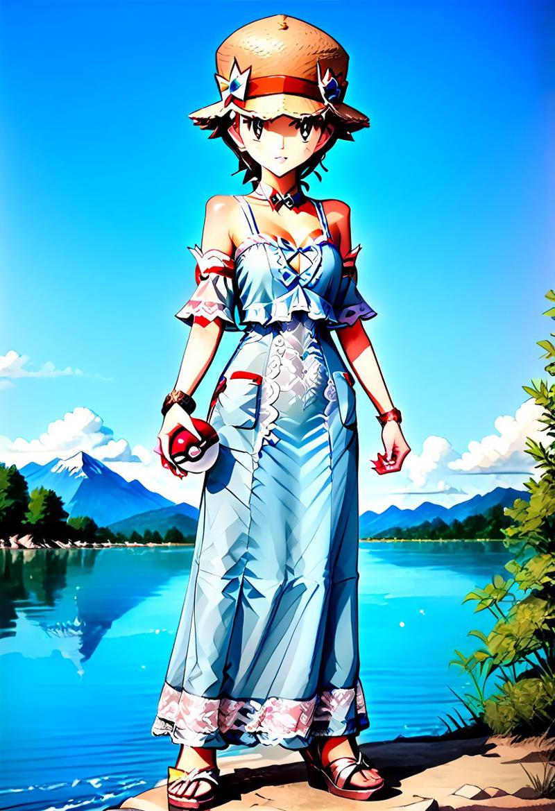 { full body, forest background, standing, FemRed:2.0, 1woman, solo, full body render, detailed facial features, full-length dress, long dress, lace, bare shoulders, detached sleeves, flowing ankle-length dress, flwdrss, wide-brim straw hat, hat with a bow, wide-brim sun hat, straw hat, hat ribbon, holding a pokeball, standing by a lake, in shade:1.5, }
lakeside, mountains in the distance, lake, sunny day, light cloud cover, detailed environment, detailed background, 
pks, pokemon, 4kFacePonyXL,