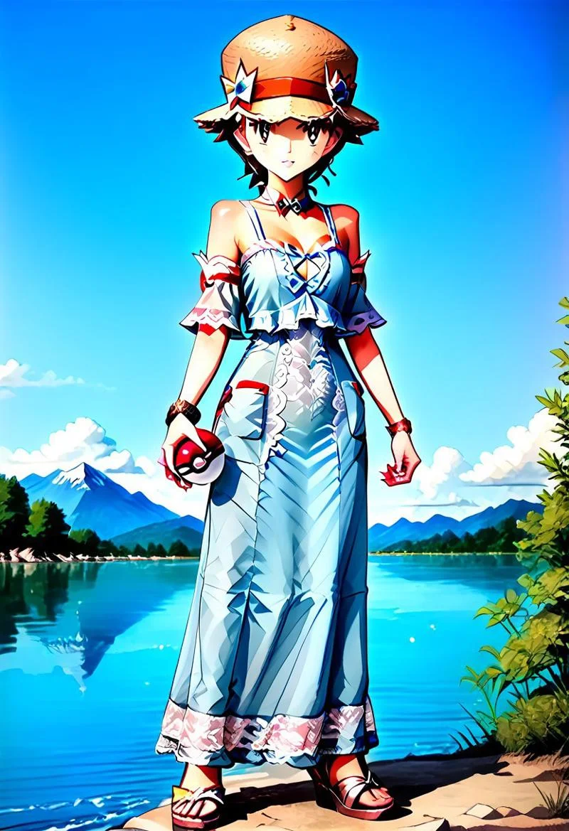{ full body, forest background, standing, FemRed:2.0, 1woman, solo, full body render, detailed facial features, full-length dress, long dress, lace, bare shoulders, detached sleeves, flowing ankle-length dress, flwdrss, wide-brim straw hat, hat with a bow, wide-brim sun hat, straw hat, hat ribbon, holding a pokeball, standing by a lake, in shade:1.5, }
lakeside, mountains in the distance, lake, sunny day, light cloud cover, detailed environment, detailed background,
pks, pokemon, 4kFacePonyXL,