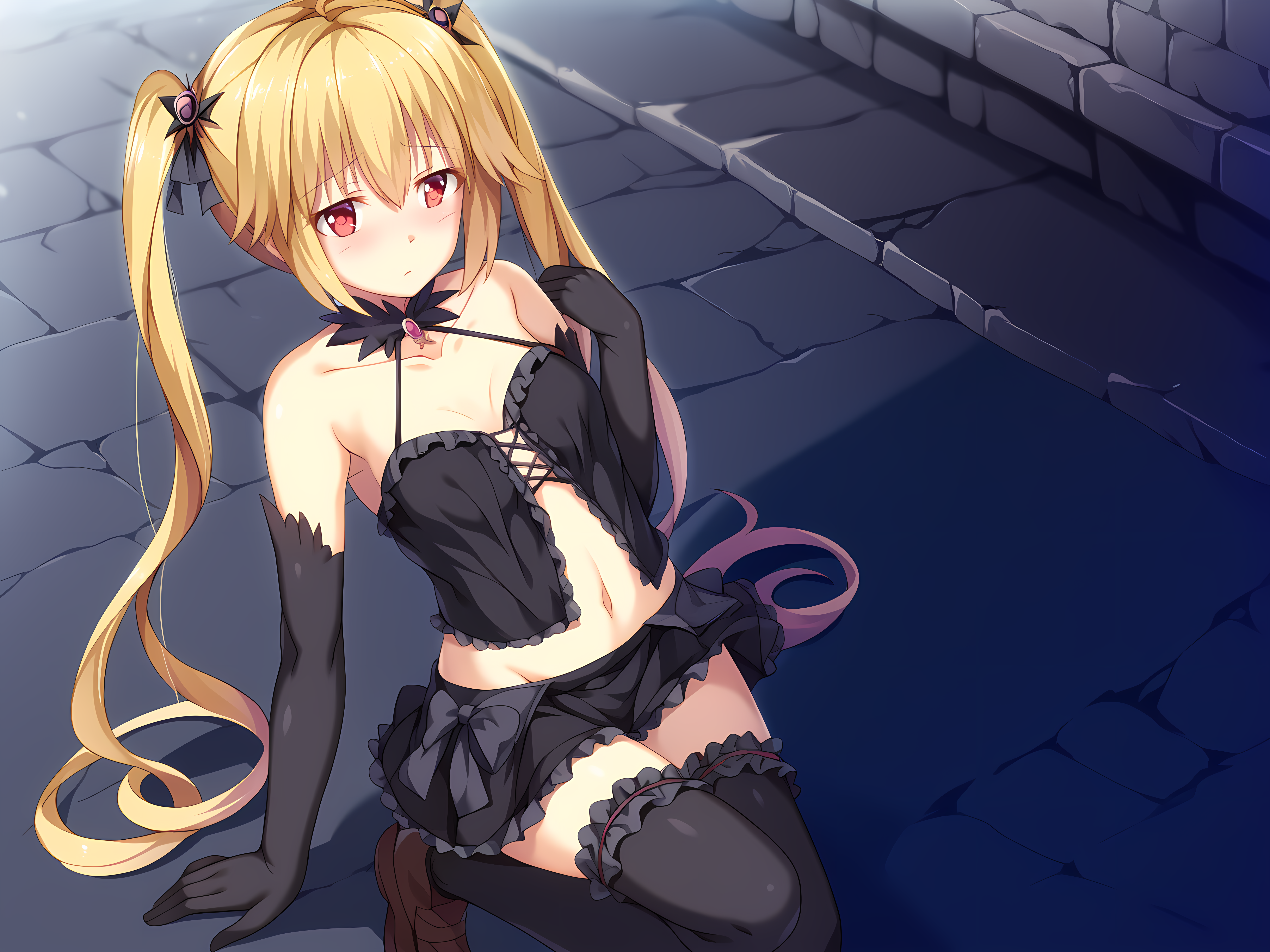 <lora:ESCUDE_-_Yamizome_Revenger_-_All_in_One:1>,corruption,dark persona,escude,reon,1girl,long hair,twintails,solo,gloves,red eyes,navel,thighhighs,skirt,black gloves,blush,elbow gloves,black thighhighs,hair ornament,midriff,frills,black skirt,bridal garter,collarbone,frilled skirt,bare shoulders,building_ruins,outdoors,black camisole,fading hair,full body,blonde hair,, score_9, score_8_up, score_7_up,source_anime,(masterpiece),(best quality),(ultra-detailed),(best illustration),(best shadow),(absurdres),(detailed background),(very aesthetic),source_anime